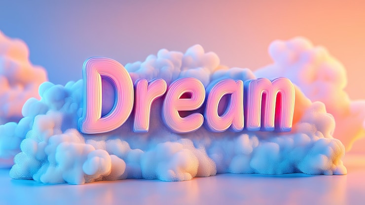 Foto la palabra sueño hecha a partir de nubes esponjosas flotando en un paisaje de sueños 3d con una paleta de colores pastel