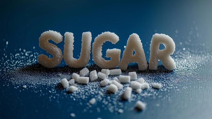 Foto la palabra sugar creada con gránulos de azúcar contra un fondo azul que simboliza la dulzura