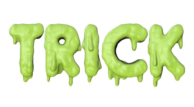 Palabra de truco hecha de limo verde de halloween letras d render