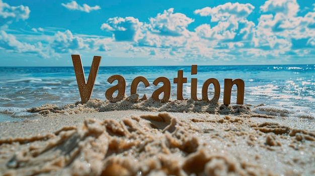 La palabra vacaciones escritas en la arena en la playa con un fondo azul de mar y cielo en un día soleado