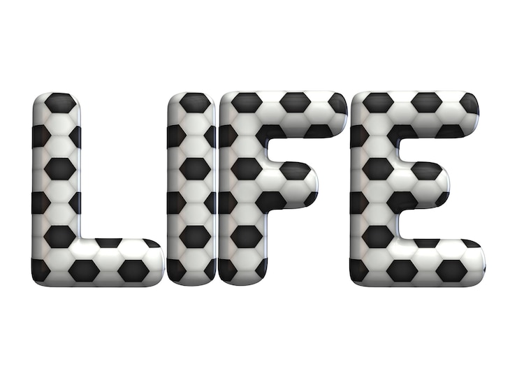Foto palabra de vida hecha de una textura de pelota de fútbol 3d rendering