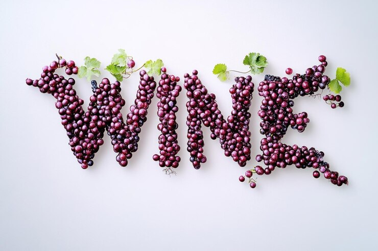 Foto palabra de vino escrita con uvas rojas y hojas verdes