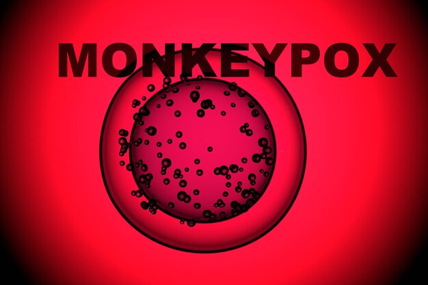 Palabra de viruela del mono con células o moléculas de la macro del virus en un render 3D de fondo rojo oscuro