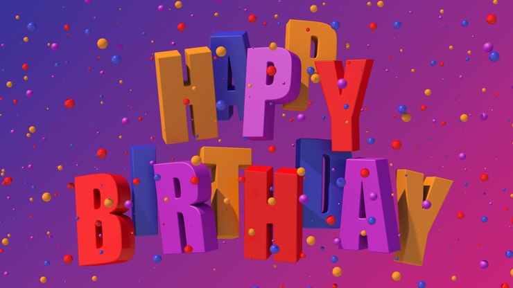 Foto palabras brillantes de feliz cumpleaños. partículas de colores. ilustración abstracta, render 3d.