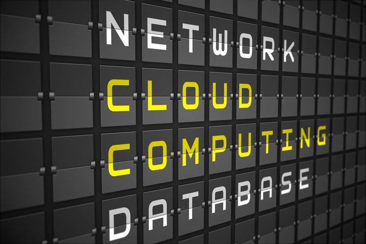 Foto palabras de computación en la nube sobre tablero mecánico negro