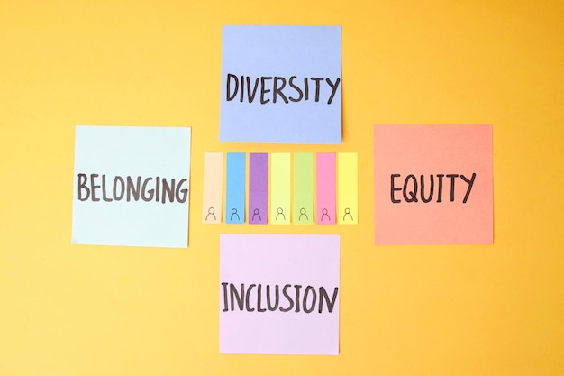 Las palabras DEIB diversidad equidad inclusión y símbolo de pertenencia con papeles coloridos con figura humana
