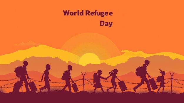 Foto con las palabras día mundial del refugiado escritas detrás de ellos hay siluetas de personas con bolsas y una barrera de alambre de púas