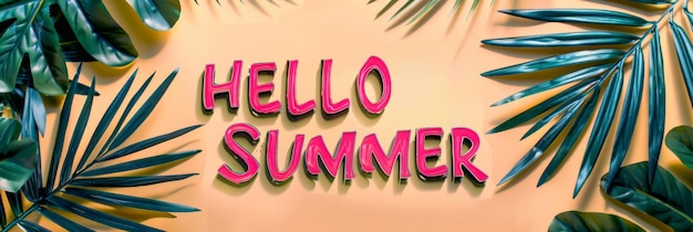 Las palabras "Hola verano" están rodeadas de hojas de palma.