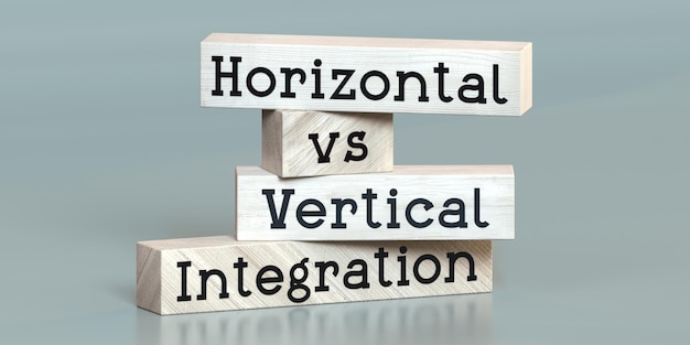 Palabras de integración horizontal vs vertical en bloques de madera ilustración 3D