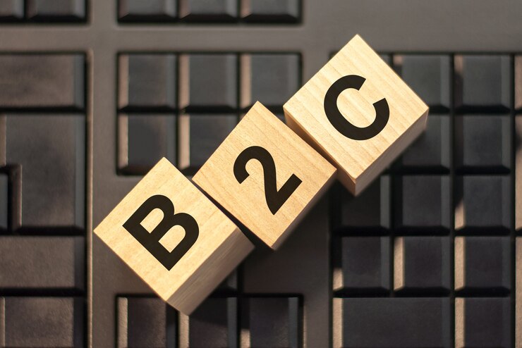 Foto palabras de motivación: b2c en letras del alfabeto de madera 3d en un teclado con espacio de copia, concepto de negocio