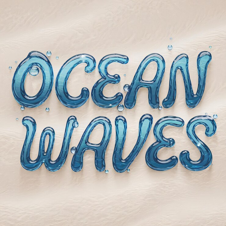 Foto las palabras "ocean waves" están en una fuente de textura de agua que fluye.
