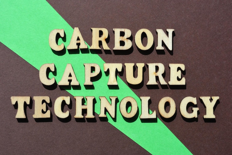 Foto palabras de la tecnología de captura de carbono en letras del alfabeto de madera aisladas en el fondo