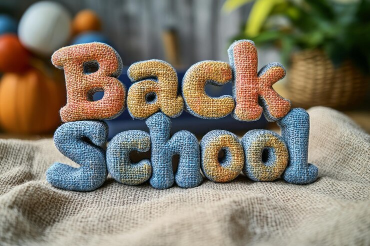 Foto las palabras "de vuelta a la escuela" creadas usando carpetas de colores apiladas aisladas en una superficie de tela de lino