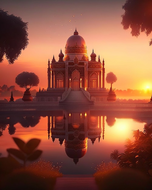Palacio atardecer detalles de luz suave del templo mágico brillo estilo india