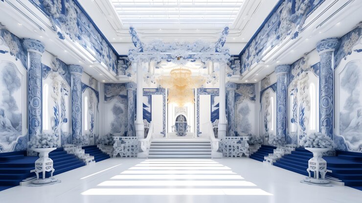 Un palacio blanco y azul con un gran trono en el medio.
