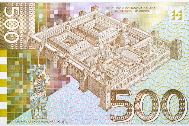 Palácio de Diocleciano em Split e o motivo do governante croata do século 11 do dinheiro croata