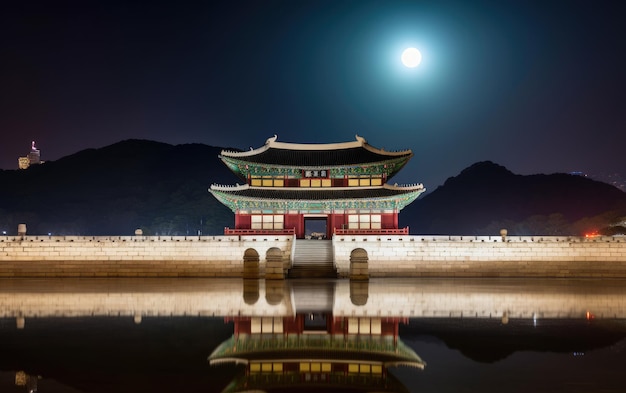 Palácio de Gyeongbokgung e lua cheia à noite em Seul, Coreia do Sul Generative AI