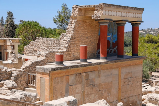 Palácio de Knossos. Detalhe das antigas ruínas do famoso palácio minóico de Knosos. Ilha de Creta, Grécia.