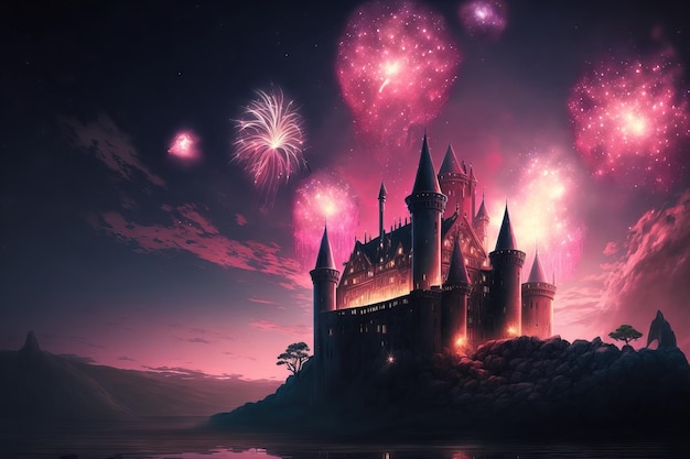 Palácio dos sonhos rosa com fogos de artifício à noite