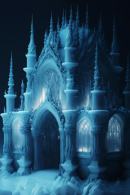 Palacio de hielo blanco y azul mágico de hadas