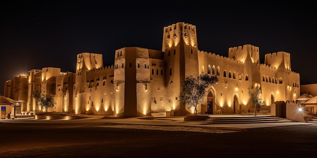 Palacio Salwa en AtTuraif Sitio de Patrimonio Mundial de la UNESCO iluminado por la noche Diriyah Arabia Saudita