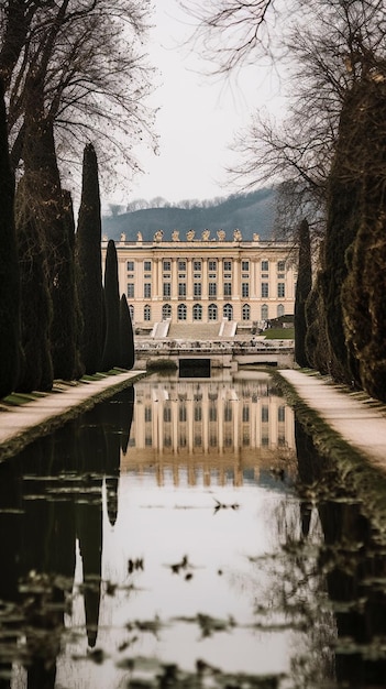 Foto el palacio de versalles se ve a través de una fuente de agua.