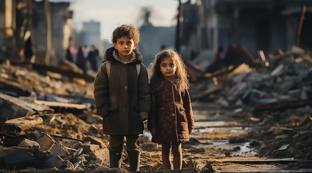 Palästinensische Kinder sehen sich die Zerstörung der Kriegskrise an, beschädigte Gebäude in der Stadt