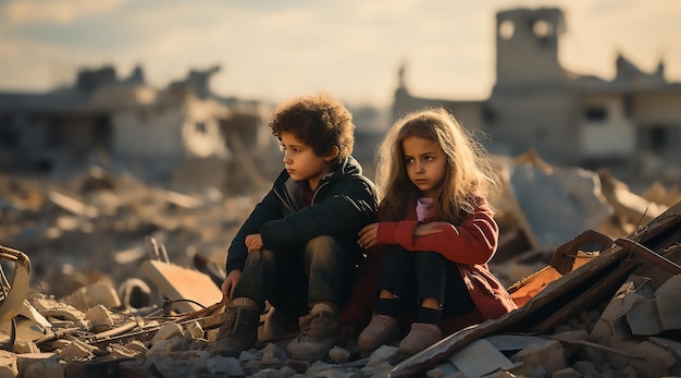 Palästinensische Kinder sehen sich die Zerstörung der Kriegskrise an, beschädigte Gebäude in der Stadt