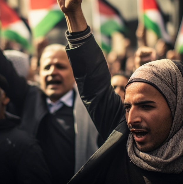 Palästinensische Männer und Frauen marschieren auf der Straße und fordern Frieden