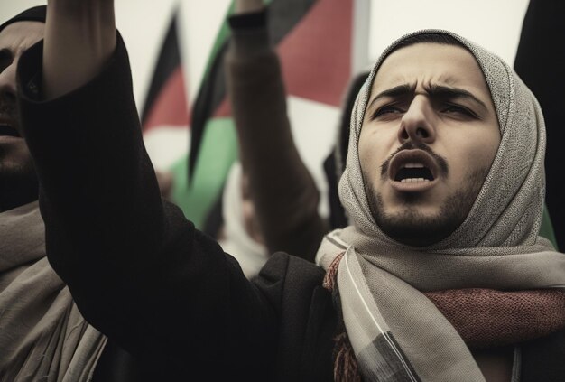 Foto palästinensische männer und frauen marschieren auf der straße und fordern frieden