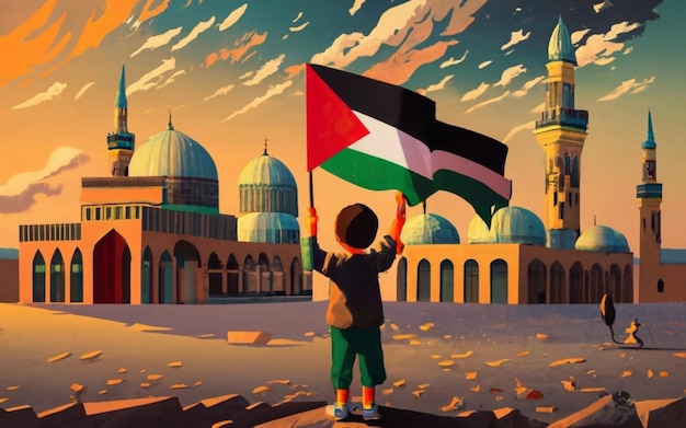 Palästinensisches Kind hält die palästinensische Flagge vor der Masjid
