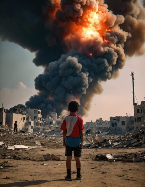 Foto palästinensisches kind steht zurück und blickt in dem verwüsteten gaza auf die raketen am himmel.