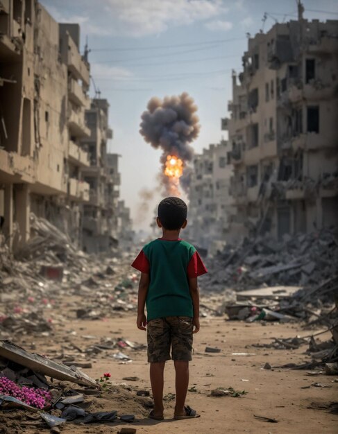 Foto palästinensisches kind steht zurück und blickt in dem verwüsteten gaza auf die raketen am himmel.