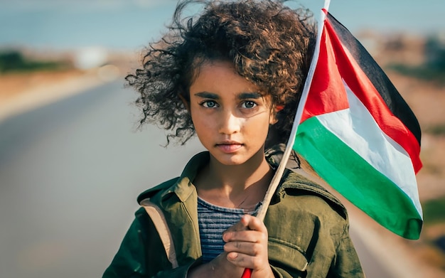 Palästinensisches Mädchen mit der Flagge „Freies Palästina“ in einem blockierten Straßenporträt-Kino