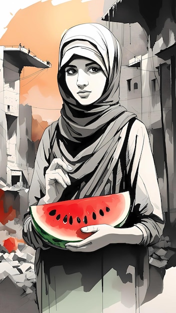 Palästinensisches Mädchen mit Hijab und Wassermelone in den Ruinen von Gaza