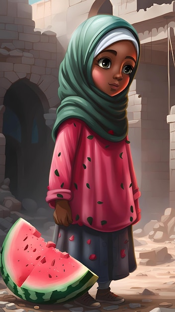 Palästinensisches Mädchen mit Hijab und Wassermelone in den Ruinen von Gaza