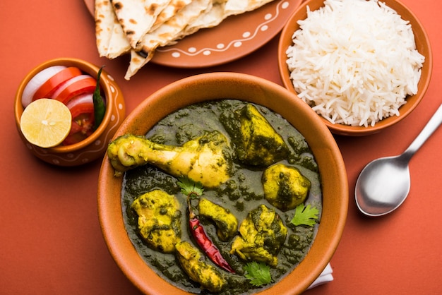 Palak oder Spinat Chicken oder Murg Saagwala serviert in einer Schüssel mit Naan und Reis