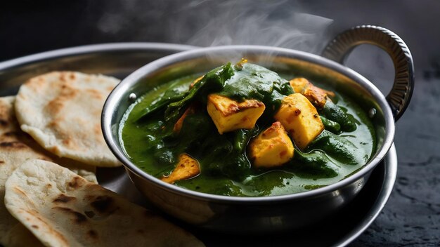 Palak paneer curry feito de espinafre e queijo cottage popular almoço ou jantar saudável indiano fo