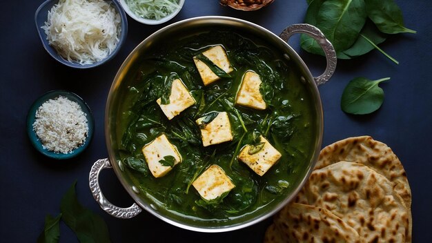 Palak paneer curry feito de espinafre e queijo cottage popular almoço ou jantar saudável indiano fo