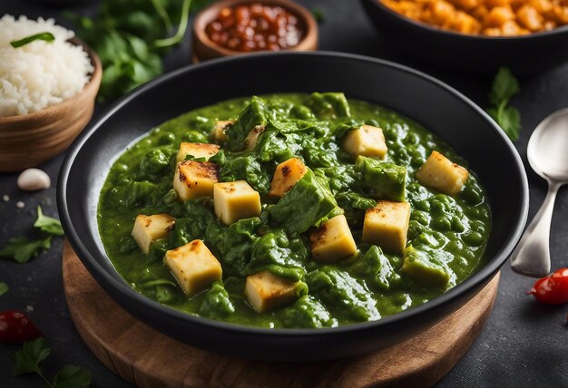 Palak paneer em uma tigela em um fundo preto