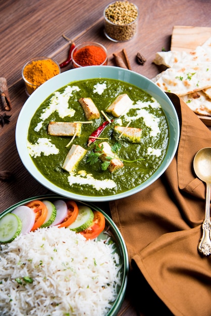 Palak Paneer Masala é uma receita popular do norte da Índia para almoços e jantares feita com queijo cottage em curry de espinafre verde. geralmente servido com arroz e chapati naan. foco seletivo