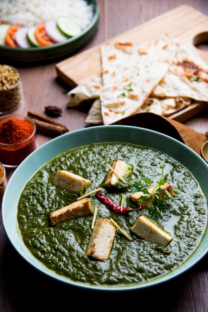 Palak Paneer Masala ist ein beliebtes nordindisches Rezept zum Mittagessen, das mit Hüttenkäse in grünem Spinat-Curry zubereitet wird. normalerweise mit Reis und Chapati Naan serviert. selektiver Fokus