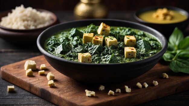 Palak Paneer para a vida em uma superfície de madeira de textura escura com profundidade de campo para se concentrar no intrincado