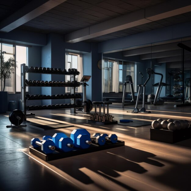 Palancas y barras azules en un piso de madera en un gimnasio doméstico moderno con grandes ventanas