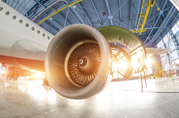 Palas del motor de turbina durante el mantenimiento del avión en el hangar