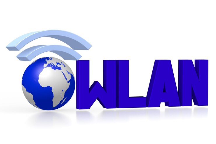 Foto palavra azul wlan com uma ilustração 3d de sinal de terra e wi-fi