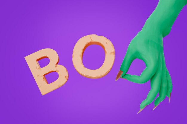 Palavra BOO com mão de zumbi fazendo uma piada em fundo roxo. conceito de halloween e susto. renderização 3D