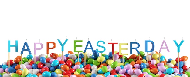 Palavra colorida "Feliz Dia da Páscoa" feita com celebração de ovo colorido sobreposto de vela