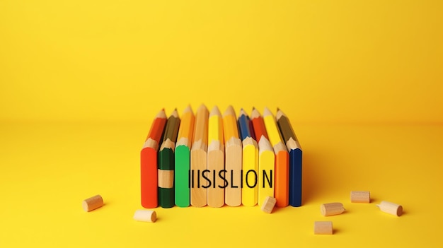 Palavra de banner de inclusão em cubos de madeira e lápis em fundo amarelo