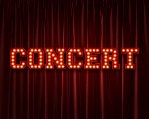 Foto palavra de letras de lâmpada de concerto contra uma cortina de teatro vermelha 3d rendering